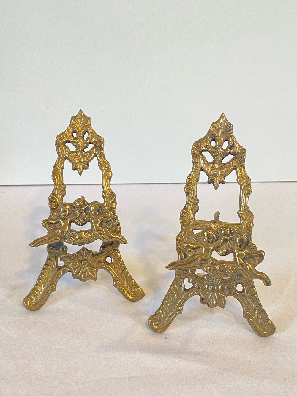 2 Vintage Ornate Brass Easel Stands Victorian Rococo Cherubs Foldable Tripod